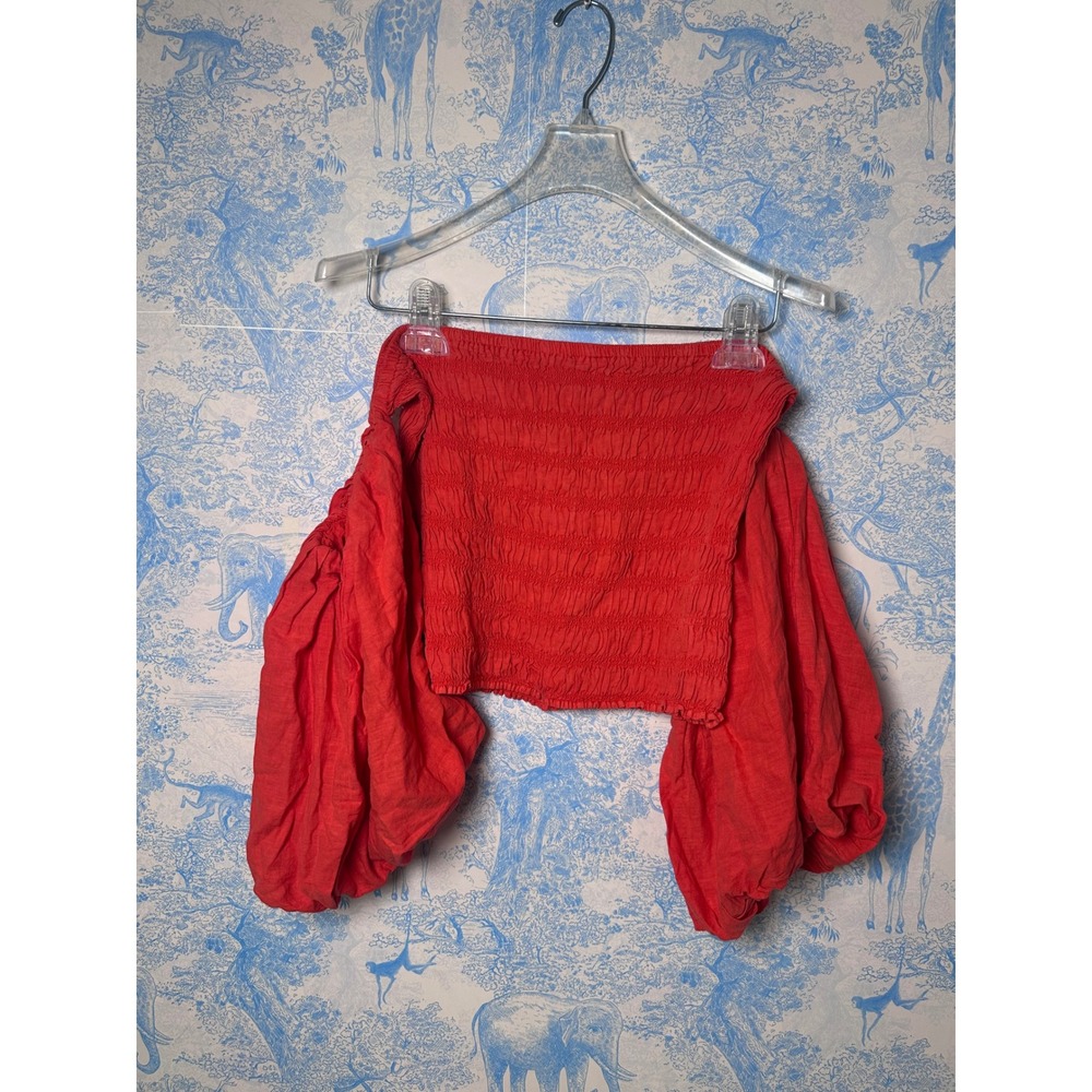 YFB Young Fabulous & Broke Red Smocked Off Shoulder Puff Sleeve Crop Top - Picture 3 of 3